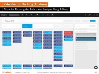 Kalender mit Backlog (Produce)
Einfache Planung der freien Wochen per Drag & Drop
Dienstag, 10. März 2015 copyright talkab...