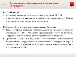 20
Руководителю образовательной организации
необходимо
Издать Приказы:
• о назначении ответственного сотрудника за внедрение ИС ПП
• о назначении ответственных сотрудников за эксплуатацию услуг Проход
и питание с использованием электронных карт
Необходимо обеспечить контроль за исполнением Приказов:
• Заказ и отгрузка льготного питания должна производиться согласно
утвержденного ДОгМ Регламента предоставления услуг по питанию.
Отгрузка льготного питания должна осуществляться ежедневно.
• Организация входа и выхода в ОО с обязательным использованием
обучающимися, сотрудниками и посетителями электронных карт в
соответствии с утвержденным в ДОгМ порядком обеспечения в ОО с
использованием ИС ПП.
 