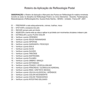 217
Roteiro da Aplicação de Reflexologia Podal
OBSERVAÇÃO: o Roteiro de Aplicação e Manuseio dos Pontos em Reflexologia foi matéria ministrada
durante as aulas na disciplina de Reflexologia Podal e os Cinco Elementos - Docente, Fisioterapeuta,
Massoterapeuta e Reflexologista Dra. Suzana Kioko Nambu - SENAC - Unidade - Franca SP - 2007.
01	 -	 PREPARAR a sala adequadamente, cremes, toalhas, maca
02	 -	 EFETUAR a assepsia dos pés
03	 -	 INICIAR sempre pelo pé direito
04	 -	 AQUECER o creme entre as mãos e aplicar no pé direito com movimentos circulares e relaxar o pés
05	 -	 ESTIMULAR o ponto PLEXO SOLAR
06	 -	 Verificar o ponto CÉREBRO
07	 -	 Verificar o ponto SEIOS PARANASAIS
08	 -	 Verificar o ponto HIPÓFISE
09	 -	 Verificar o ponto GARGANTA / PESCOÇO
10	 -	 Verificar o ponto AXILA
11	 -	 Verificar o ponto OLHO
12	 -	 Verificar o ponto OUVIDO
13	 -	 Verificar o ponto TIREÓIDE
14	 -	 Verificar o ponto DIAFRAGMA
15	 -	 Verificar o ponto PULMÃO
16	 -	 Verificar o ponto OMBRO / BRAÇO
17	 -	 Verificar o ponto ESTOMAGO
18	 -	 Verificar o ponto FÍGADO / VESÍCULA BILIAR
19	 -	 Verificar o ponto PÂNCREAS / GLÂNDULAS ADRENAL
20	 -	 Verificar o ponto RINS / URETER E BEXIGA
21	 -	 Verificar o ponto VÁLVULA ILIOCECAL / APÊNDICE
22	 -	 Verificar o ponto CÓLON ASCENDENTE
23	 -	 Verificar o ponto CÓLON TRANSVERSO
24	 -	 Verificar o ponto INTESTINO DELGADO
 