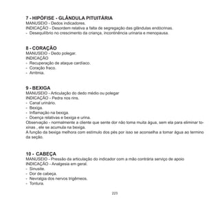 223
7	-	HIPÓFISE - GLÂNDULA PITUITÁRIA
MANUSEIO - Dedos indicadores.
INDICAÇÃO - Desordem relativa a falta de segregação das glândulas endócrinas.
-	 Desequilíbrio no crescimento da criança, incontinência urinaria e menopausa.
8	-	CORAÇÃO
MANUSEIO - Dedo polegar.
INDICAÇÃO
-	 Recuperação de ataque cardíaco.
-	 Coração fraco.
-	 Arritmia.
9	-	BEXIGA
MANUSEIO - Articulação do dedo médio ou polegar
INDICAÇÃO - Pedra nos rins.
-	 Canal urinário.
-	 Bexiga.
-	 Inflamação na bexiga.
-	 Doença relativas e bexiga e urina.
Observação - normalmente a cliente que sente dor não toma muita água, sem ela para eliminar to-
xinas , ele se acumula na bexiga.
A função da bexiga melhora com estímulo dos pés por isso se aconselha a tomar água ao termino
da seção.
10	-	 CABEÇA
MANUSEIO - Pressão da articulação do indicador com a mão contrária serviço de apoio
INDICAÇÃO - Analgesia em geral.
-	 Sinusite.
-	 Dor de cabeça.
-	 Nevralgia dos nervos trigêmeos.
-	 Tontura.
 
