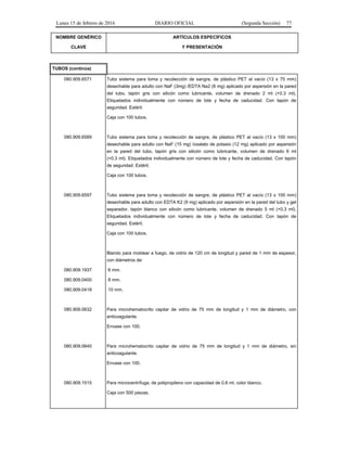 Lunes 15 de febrero de 2016 DIARIO OFICIAL (Segunda Sección) 77
NOMBRE GENÉRICO
CLAVE
ARTÍCULOS ESPECÍFICOS
Y PRESENTACIÓN
TUBOS (continúa)
080.909.6571 Tubo sistema para toma y recolección de sangre, de plástico PET al vacío (13 x 75 mm)
desechable para adulto con NaF (3mg) /EDTA Na2 (6 mg) aplicado por aspersión en la pared
del tubo, tapón gris con silicón como lubricante, volumen de drenado 2 ml (+0.3 ml).
Etiquetados individualmente con número de lote y fecha de caducidad. Con tapón de
seguridad. Estéril.
Caja con 100 tubos.
080.909.6589 Tubo sistema para toma y recolección de sangre, de plástico PET al vacío (13 x 100 mm)
desechable para adulto con NaF (15 mg) /oxalato de potasio (12 mg) aplicado por aspersión
en la pared del tubo, tapón gris con silicón como lubricante, volumen de drenado 6 ml
(+0.3 ml). Etiquetados individualmente con número de lote y fecha de caducidad. Con tapón
de seguridad. Estéril.
Caja con 100 tubos.
080.909.6597 Tubo sistema para toma y recolección de sangre, de plástico PET al vacío (13 x 100 mm)
desechable para adulto con EDTA K2 (9 mg) aplicado por aspersión en la pared del tubo y gel
separador, tapón blanco con silicón como lubricante, volumen de drenado 5 ml (+0.3 ml).
Etiquetados individualmente con número de lote y fecha de caducidad. Con tapón de
seguridad. Estéril.
Caja con 100 tubos.
080.909.1937
080.909.0400
080.909.0418
Blando para moldear a fuego, de vidrio de 120 cm de longitud y pared de 1 mm de espesor,
con diámetros de:
6 mm.
8 mm.
10 mm.
080.909.0632 Para microhematocrito capilar de vidrio de 75 mm de longitud y 1 mm de diámetro, con
anticoagulante.
Envase con 100.
080.909.0640 Para microhematocrito capilar de vidrio de 75 mm de longitud y 1 mm de diámetro, sin
anticoagulante.
Envase con 100.
080.909.1515 Para microcentrífuga, de polipropileno con capacidad de 0.6 ml, color blanco.
Caja con 500 piezas.
 