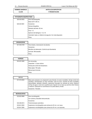 16 (Tercera Sección) DIARIO OFICIAL Lunes 15 de febrero de 2016
NOMBRE GENÉRICO
CLAVE
ARTÍCULOS ESPECÍFICOS
Y PRESENTACIÓN
FOTOGRAFÍA EQUIPOS PARA
525.424.0053 Para macrofotografía.
Base de 67 x 68 cm.
525.424.0061 Accesorios:
Cámara fotográfica.
Diámetro del lente: 50 mm.
Foco: 1.2
Apertura del diafragma: 1.2 a 16
Velocidad: hasta un milésimo de segundo. Con reloj disparador.
Pieza.
GRABADORAS
521.442.0100 Para dictado y transcripción de estudios.
Accesorios:
Micrófono de telemando. Control de pie Secretaríal.
Auricular. Minicassette.
Pieza.
HORNOS
523.481.0462 De microondas.
Capacidad: 1.2 pies cúbicos.
Sonda para control de temperatura.
Reloj digital. 700 watts.
Manual para tinciones.
Pieza.
MESAS
531.616.0463 Mesa para autopsias con preparación para triturado, de acero inoxidable, drenaje central de
sobreflujo, hidroaspirador con flujo reversible, ruptor de vacío, charolas de acero inoxidable
desmontables, ajustador hidráulico, aspersores manuales con válvulas de control. Sistema
de flujo de agua a nivel de la superficie para irrigación de la mesa que permita retirar fluidos
y residuos. Graduación en centímetros en la parte lateral y frontal.
Accesorios: Triturador.
MICROSCOPIOS
533.622.0669
533.436.0012
533.841.0052
533.841.0060
Para microfotografía.
Con cámara y fotocelda interconstruida.
Accesorios:
Fotomicroscopio automático.
Suplemento microfotográfico para cámara de 35 mm, con rosca.
Suplemento microfotográfico para cámara de 35 mm, con bayoneta.
 