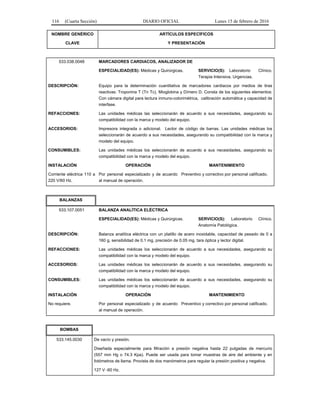 116 (Cuarta Sección) DIARIO OFICIAL Lunes 15 de febrero de 2016
NOMBRE GENÉRICO
CLAVE
ARTÍCULOS ESPECÍFICOS
Y PRESENTACIÓN
533.038.0048 MARCADORES CARDIACOS, ANALIZADOR DE
ESPECIALIDAD(ES): Médicas y Quirúrgicas. SERVICIO(S): Laboratorio Clínico.
Terapia Intensiva. Urgencias.
DESCRIPCIÓN: Equipo para la determinación cuantitativa de marcadores cardiacos por medios de tiras
reactivas: Troponina T (Tn Tc), Mioglobina y Dímero D. Consta de los siguientes elementos:
Con cámara digital para lectura inmuno-colorimétrica, calibración automática y capacidad de
interfase.
REFACCIONES: Las unidades médicas las seleccionarán de acuerdo a sus necesidades, asegurando su
compatibilidad con la marca y modelo del equipo.
ACCESORIOS: Impresora integrada o adicional. Lector de código de barras. Las unidades médicas los
seleccionarán de acuerdo a sus necesidades, asegurando su compatibilidad con la marca y
modelo del equipo.
CONSUMIBLES: Las unidades médicas los seleccionarán de acuerdo a sus necesidades, asegurando su
compatibilidad con la marca y modelo del equipo.
INSTALACIÓN OPERACIÓN MANTENIMIENTO
Corriente eléctrica 110 a
220 V/60 Hz.
Por personal especializado y de acuerdo
al manual de operación.
Preventivo y correctivo por personal calificado.
BALANZAS
533.107.0051 BALANZA ANALÍTICA ELÉCTRICA
ESPECIALIDAD(ES): Médicas y Quirúrgicas. SERVICIO(S): Laboratorio Clínico.
Anatomía Patológica.
DESCRIPCIÓN: Balanza analítica eléctrica con un platillo de acero inoxidable, capacidad de pesado de 0 a
160 g, sensibilidad de 0.1 mg, precisión de 0.05 mg. tara óptica y lector digital.
REFACCIONES: Las unidades médicas los seleccionarán de acuerdo a sus necesidades, asegurando su
compatibilidad con la marca y modelo del equipo.
ACCESORIOS: Las unidades médicas los seleccionarán de acuerdo a sus necesidades, asegurando su
compatibilidad con la marca y modelo del equipo.
CONSUMIBLES: Las unidades médicas los seleccionarán de acuerdo a sus necesidades, asegurando su
compatibilidad con la marca y modelo del equipo.
INSTALACIÓN OPERACIÓN MANTENIMIENTO
No requiere. Por personal especializado y de acuerdo
al manual de operación.
Preventivo y correctivo por personal calificado.
BOMBAS
533.145.0030 De vacío y presión.
Diseñada especialmente para filtración a presión negativa hasta 22 pulgadas de mercurio
(557 mm Hg o 74.3 Kpa). Puede ser usada para tomar muestras de aire del ambiente y en
fotómetros de llama. Provista de dos manómetros para regular la presión positiva y negativa.
127 V -60 Hz.
 
