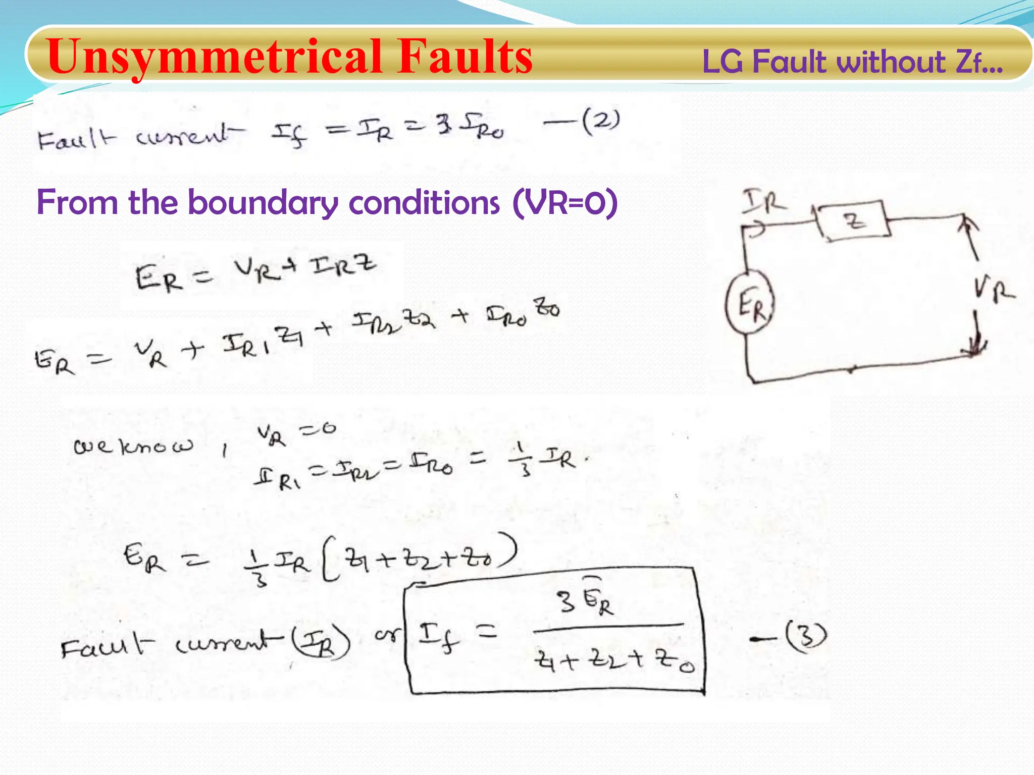 Unsymmetrical Faults LG Fault without Zf…
From the boundary conditions (VR=0)
 