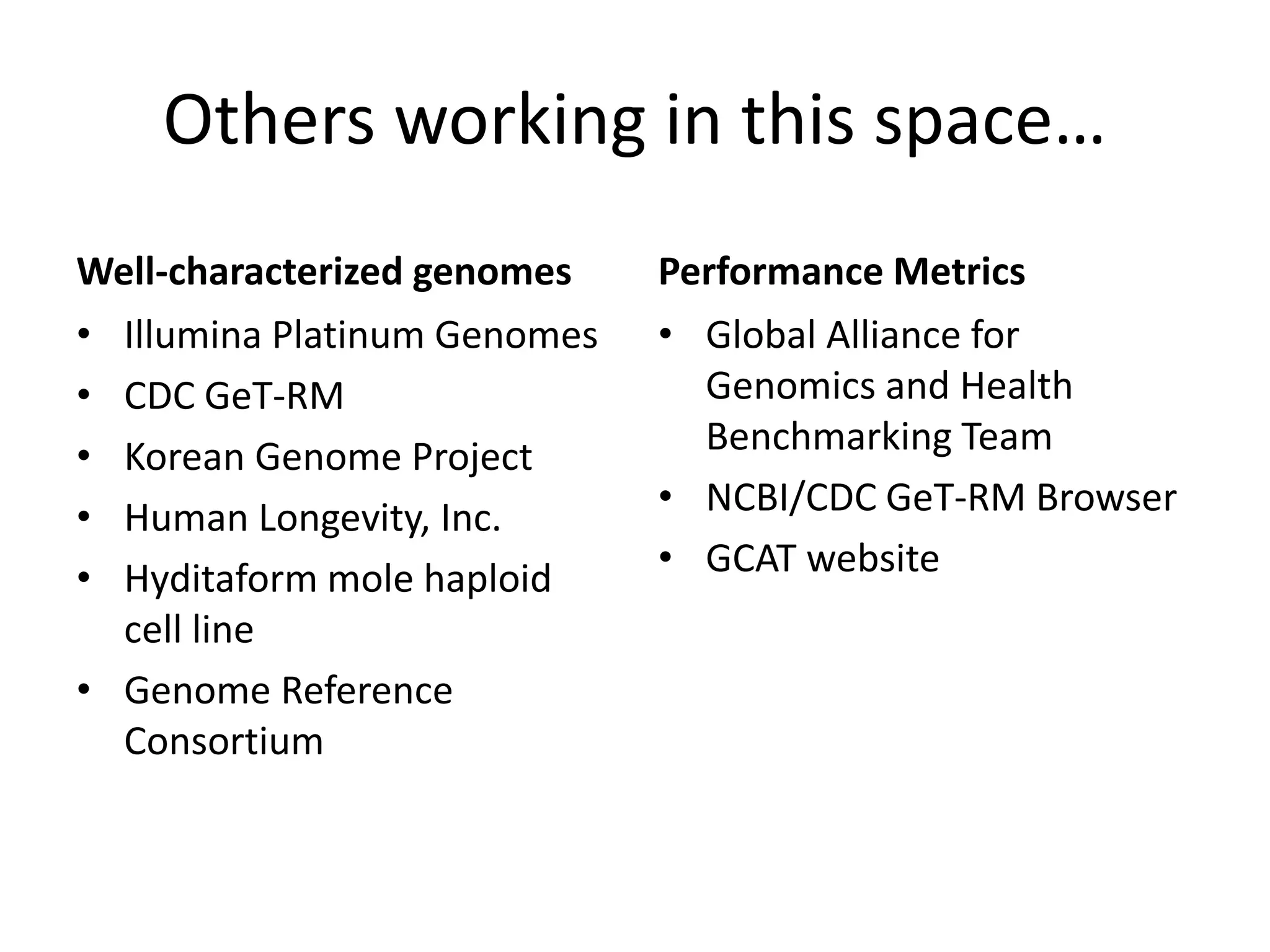 Others working in this space…
Well-characterized genomes
• Illumina Platinum Genomes
• CDC GeT-RM
• Korean Genome Project
• Human Longevity, Inc.
• Hyditaform mole haploid
cell line
• Genome Reference
Consortium
Performance Metrics
• Global Alliance for
Genomics and Health
Benchmarking Team
• NCBI/CDC GeT-RM Browser
• GCAT website
 