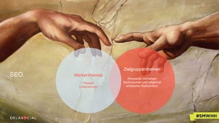 Zielgruppenthemen
(Keywords mit hohem
Suchvolumen und möglichst
schwacher Konkurrenz)
SEO. Markenthemen
Produkt
Unternehmen
 