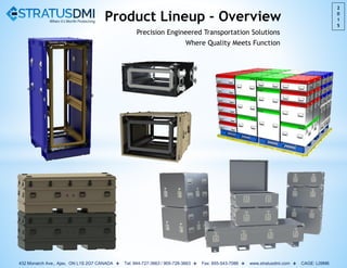 Product Lineup - Overview
Precision Engineered Transportation Solutions
Where Quality Meets Function
2
0
1
5
432 Monarch Ave., Ajax, ON L1S 2G7 CANADA l Tel: 844-727-3663 / 905-728-3663 l Fax: 855-543-7086 l www.stratusdmi.com l CAGE: L09M6
 
