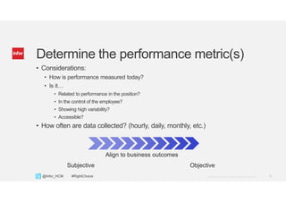 11Copyright © 2013. Infor. All Rights Reserved. www.infor.com@Infor_HCM #RightChoice
Determine the performance metric(s)
• Considerations:
• How is performance measured today?
• Is it…
• Related to performance in the position?
• In the control of the employee?
• Showing high variability?
• Accessible?
• How often are data collected? (hourly, daily, monthly, etc.)
Subjective Objective
Align to business outcomes
 
