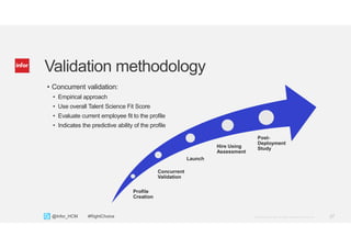 27Copyright © 2013. Infor. All Rights Reserved. www.infor.com@Infor_HCM #RightChoice
Validation methodology
Profile
Creation
Concurrent
Validation
Launch
Hire Using
Assessment
Post-
Deployment
Study
• Concurrent validation:
• Empirical approach
• Use overall Talent Science Fit Score
• Evaluate current employee fit to the profile
• Indicates the predictive ability of the profile
 