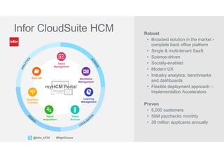 37Copyright © 2013. Infor. All Rights Reserved. www.infor.com@Infor_HCM #RightChoice
Talent
Management
Workforce
Management
Learning
Management
Core HR
Employee
Connect
Talent
Acquisition
Talent
Science
Robust
• Broadest solution in the market -
complete back office platform
• Single & multi-tenant SaaS
• Science-driven
• Socially-enabled
• Modern UX
• Industry analytics, benchmarks
and dashboards
• Flexible deployment approach –
Implementation Accelerators
Proven
• 5,000 customers
• 50M paychecks monthly
• 30 million applicants annually
Infor CloudSuite HCM
 