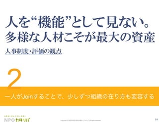 14Copyright © 認定特定非営利活動法人 カタリバ All rights reserved.
人を 機能 として見ない。
多様な人材こそが最大の資産
人事制度・評価の観点
一人がJoinすることで、少しずつ組織の在り方も変容する
2
 