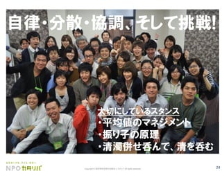 24Copyright © 認定特定非営利活動法人 カタリバ All rights reserved.
自律・分散・協調、そして挑戦!
大切にしているスタンス
・平均値のマネジメント
・振り子の原理
・清濁併せ呑んで、清を呑む
 
