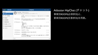 Atlassian HipChat (チャット)
事業別ROOM(必須参加)と、 
要素別ROOM(任意参加)を用意。
 