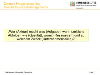 Falk Neubert, Universität Osnabrück Folie 7
Zentrale Fragestellung des
Geschäftsprozessmanagements
„Wer (Akteur) macht was (Aufgabe), wann (zeitliche
Abfolge), wie (Qualität), womit (Ressourcen) und zu
welchem Zweck (Unternehmensziele)?“
 
