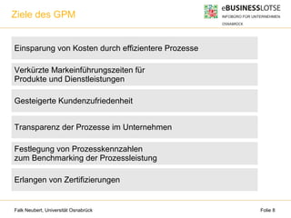 Falk Neubert, Universität Osnabrück Folie 8
Ziele des GPM
Einsparung von Kosten durch effizientere Prozesse
Verkürzte Markeinführungszeiten für
Produkte und Dienstleistungen
Gesteigerte Kundenzufriedenheit
Transparenz der Prozesse im Unternehmen
Festlegung von Prozesskennzahlen
zum Benchmarking der Prozessleistung
Erlangen von Zertifizierungen
 