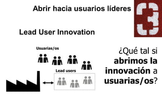Usuarias/os
Lead users
¿Qué tal si
abrimos la
innovación a
usuarias/os?
Abrir hacia usuarios líderes
Lead User Innovation
 