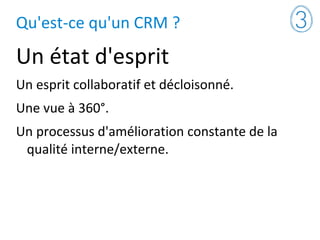 Qu'est-ce qu'un CRM ?
Un état d'esprit
Un esprit collaboratif et décloisonné.
Une vue à 360°.
Un processus d'amélioration constante de la
qualité interne/externe.
 
