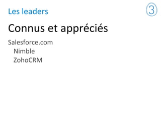 Les leaders
Connus et appréciés
Salesforce.com
Nimble
ZohoCRM
 