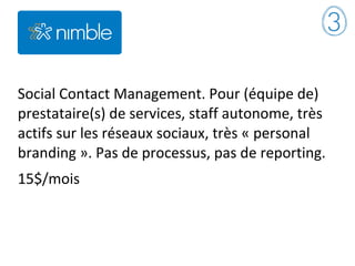 Social Contact Management. Pour (équipe de)
prestataire(s) de services, staff autonome, très
actifs sur les réseaux sociaux, très « personal
branding ». Pas de processus, pas de reporting.
15$/mois
 
