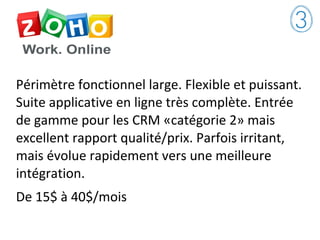 Périmètre fonctionnel large. Flexible et puissant.
Suite applicative en ligne très complète. Entrée
de gamme pour les CRM «catégorie 2» mais
excellent rapport qualité/prix. Parfois irritant,
mais évolue rapidement vers une meilleure
intégration.
De 15$ à 40$/mois
 