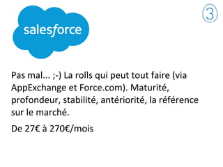 Pas mal... ;-) La rolls qui peut tout faire (via
AppExchange et Force.com). Maturité,
profondeur, stabilité, antériorité, la référence
sur le marché.
De 27€ à 270€/mois
 