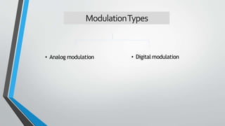 AnalogModulation
‫التماثلي‬ ‫التضمين‬
•Analog Modulation:
•
‫المرسلة‬ ‫الموجة‬ ‫تكون‬ ‫النوع‬ ‫هذا‬ ‫في‬
(
Baseband signal...
