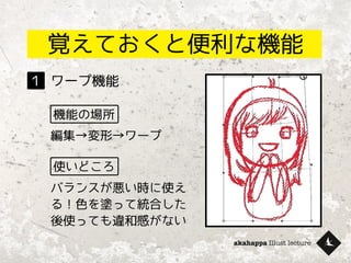 akahappa Illust lecture
覚えておくと便利な機能
ワープ機能１
機能の場所
使いどころ
編集→変形→ワープ
バランスが悪い時に使え
る！色を塗って統合した
後使っても違和感がない
 