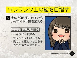 akahappa Illust lecture
ワンランク上の絵を目指す
全体を塗り終わってから
ハイライトや影を加える
３
ここで仕上がりが違う
・ハイライトや影の
　テンションを統一する
・見ていて寂しいところを
　光の加減で目立たせる
 