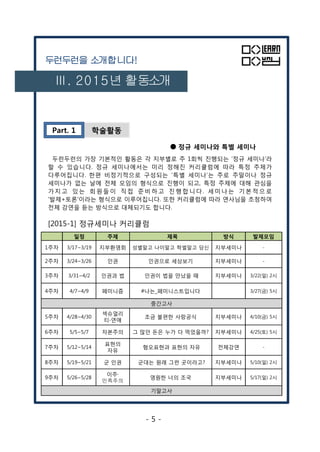 학술활동
Ⅲ. 2015년 활동소개
두런두런을 소개합니다!
Part. 1
● 정규 세미나와 특별 세미나
두런두런의 가장 기본적인 활동은 각 지부별로 주 1회씩 진행되는 ‘정규 세미나’라
할 수 있습니다. 정규 세미나에서는 미리 정해진 커리큘럼에 따라 특정 주제가
다루어집니다. 한편 비정기적으로 구성되는 ‘특별 세미나’는 주로 주말이나 정규
세미나가 없는 날에 전체 모임의 형식으로 진행이 되고, 특정 주제에 대해 관심을
가지고 있는 회원들 이 직접 준비 하고 진 행합니다. 세미나는 기본적으로
'발제+토론'이라는 형식으로 이루어집니다. 또한 커리큘럼에 따라 연사님을 초청하여
전체 강연을 듣는 방식으로 대체되기도 합니다.
[2015-1] 정규세미나 커리큘럼
일정 주제 제목 방식 발제모임
1주차 3/17~3/19 지부환영회 성별말고 나이말고 학벌말고 당신 지부세미나 -
2주차 3/24~3/26 인권 인권으로 세상보기 지부세미나 -
3주차 3/31~4/2 인권과 법 인권이 법을 만났을 때 지부세미나 3/22(일) 2시
4주차 4/7~4/9 페미니즘 #나는_페미니스트입니다 3/27(금) 5시
중간고사
5주차 4/28~4/30
섹슈얼리
티∙연애
조금 불편한 사랑공식 지부세미나 4/10(금) 5시
6주차 5/5~5/7 자본주의 그 많던 돈은 누가 다 먹었을까? 지부세미나 4/25(토) 5시
7주차 5/12~5/14
표현의
자유
혐오표현과 표현의 자유 전체강연 -
8주차 5/19~5/21 군 인권 군대는 원래 그런 곳이라고? 지부세미나 5/10(일) 2시
9주차 5/26~5/28
이주∙
민족주의
영원한 너의 조국 지부세미나 5/17(일) 2시
기말고사
[2015-1] 정규세미나 커리큘럼
- 5 -
 