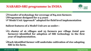 गाँव बढ़े तो देश बढ़े Taking Rural India
NABARD-SRI programme in INDIA
Transfer of technology for coverage of 84,000 farmer...