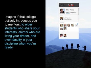 Imagine if that college
actively introduces you
to mentors, to older
students who share your
interests, alumni who are
living your dream, and
even faculty in your
discipline when you’re
ready
 