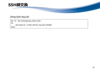 SSH鍵交換
20
/tmp/ssh-key.sh
for i in `cat /tmp/bacula_client_lists`
do
ssh-copy-id -i /root/.ssh/id_rsa.pub root@$i
done
 