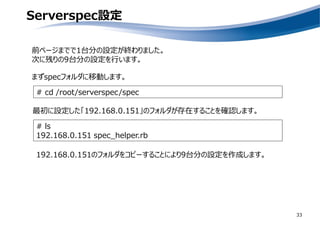Serverspec設定
33
前ページまでで1台分の設定が終わりました。
次に残りの9台分の設定を行います。
まずspecフォルダに移動します。
# cd /root/serverspec/spec
最初に設定した「192.168.0.151」のフォルダが存在することを確認します。
# ls
192.168.0.151 spec_helper.rb
192.168.0.151のフォルダをコピーすることにより9台分の設定を作成します。
 