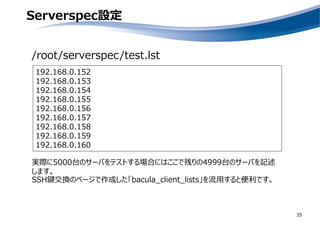 Serverspec設定
35
/root/serverspec/test.lst
192.168.0.152
192.168.0.153
192.168.0.154
192.168.0.155
192.168.0.156
192.168.0.157
192.168.0.158
192.168.0.159
192.168.0.160
実際に5000台のサーバをテストする場合にはここで残りの4999台のサーバを記述
します。
SSH鍵交換のページで作成した「bacula_client_lists」を流用すると便利です。
 