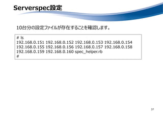 Serverspec設定
37
10台分の設定ファイルが存在することを確認します。
# ls
192.168.0.151 192.168.0.152 192.168.0.153 192.168.0.154
192.168.0.155 192.168.0.156 192.168.0.157 192.168.0.158
192.168.0.159 192.168.0.160 spec_helper.rb
#
 