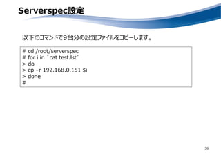 Serverspec設定
36
以下のコマンドで9台分の設定ファイルをコピーします。
# cd /root/serverspec
# for i in `cat test.lst`
> do
> cp –r 192.168.0.151 $i
> done
#
 