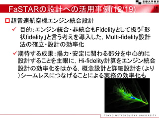 FaSTARの設計への活用事例(12/19)
超音速航空機エンジン統合設計
 目的：エンジン統合・非統合もFidelityとして扱う「形
状fidelity」と言う考えを導入した，Multi-fidelity設計
法の確立・設計の効率化
期待する成果：揚力・安定に関わる部分を中心的に
設計することを主眼に，Hi-fidelity計算をエンジン統合
設計の効率化をはかる，概念設計と詳細設計を（より
）シームレスにつなげることによる実務の効率化も
19
 