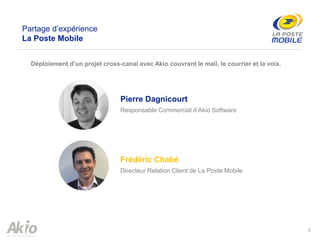 Partage d’expérience
La Poste Mobile
Déploiement d’un projet cross-canal avec Akio couvrant le mail, le courrier et la voix.
2
Pierre Dagnicourt
Responsable Commercial d’Akio Software
Frédéric Chabé
Directeur Relation Client de La Poste Mobile
 