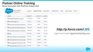 Partner Online Training
Now Includes the Partner Sales Aid
http://p.force.com/LMS
Login must contain @partnertraining.com
 