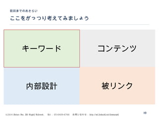 ©2014 Volare Inc. All Rights Reserved. 　 Tel ： 03-6409-6766 　お問い合わせ： http://ml.seohacks.net/semnarpdf
ここをがっつり考えてみましょう
前回までのおさらい
10
キーワード コンテンツ
被リンク内部設計
 
