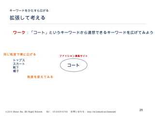 ©2014 Volare Inc. All Rights Reserved. 　 Tel ： 03-6409-6766 　お問い合わせ： http://ml.seohacks.net/semnarpdf
拡張して考える
キーワードをひたすら広げる
23
コート
トップス
スカート
靴下
帽子
ファッション通販サイト
ワーク：「コート」というキーワードから連想できるキーワードを広げてみよう
同じ粒度で横に広げる
粒度を変えてみる
 