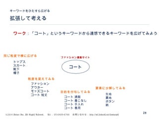 ©2014 Volare Inc. All Rights Reserved. 　 Tel ： 03-6409-6766 　お問い合わせ： http://ml.seohacks.net/semnarpdf
拡張して考える
キーワードをひたすら広げる
28
コート
トップス
スカート
靴下
帽子
ファッション通販サイト
ファッション
アウター
モッズコート
コート 短丈
コート 通販
コート 着こなし
コート 手入れ
コート 春用
生地
裏地
ボタン
柄
ワーク：「コート」というキーワードから連想できるキーワードを広げてみよう
同じ粒度で横に広げる
粒度を変えてみる
目的を付与してみる
要素に分解してみる
 