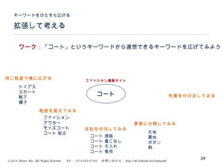 ©2014 Volare Inc. All Rights Reserved. 　 Tel ： 03-6409-6766 　お問い合わせ： http://ml.seohacks.net/semnarpdf
拡張して考える
キーワードをひたすら広げる
29
コート
トップス
スカート
靴下
帽子
ファッション通販サイト
ファッション
アウター
モッズコート
コート 短丈
コート 通販
コート 着こなし
コート 手入れ
コート 春用
生地
裏地
ボタン
柄
ワーク：「コート」というキーワードから連想できるキーワードを広げてみよう
同じ粒度で横に広げる
粒度を変えてみる
目的を付与してみる
要素に分解してみる
性質を付け足してみる
 