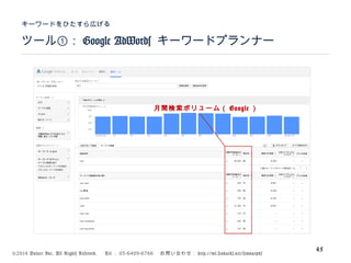 ©2014 Volare Inc. All Rights Reserved. 　 Tel ： 03-6409-6766 　お問い合わせ： http://ml.seohacks.net/semnarpdf
ツール①： Google AdWords キーワードプランナー
キーワードをひたすら広げる
45
月間検索ボリューム（ Google ）
 