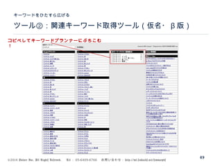 ©2014 Volare Inc. All Rights Reserved. 　 Tel ： 03-6409-6766 　お問い合わせ： http://ml.seohacks.net/semnarpdf
ツール②：関連キーワード取得ツール（仮名・ β 版）
キーワードをひたすら広げる
49
コピペしてキーワードプランナーにぶちこむ
！
 