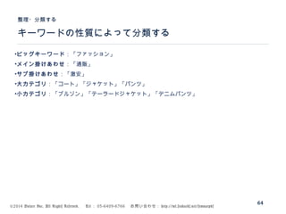 ©2014 Volare Inc. All Rights Reserved. 　 Tel ： 03-6409-6766 　お問い合わせ： http://ml.seohacks.net/semnarpdf
キーワードの性質によって分類する
整理・分類する
64
•ビッグキーワード：「ファッション」
•メイン掛けあわせ：「通販」
•サブ掛けあわせ：「激安」
•大カテゴリ：「コート」「ジャケット」「パンツ」
•小カテゴリ：「ブルゾン」「テーラードジャケット」「デニムパンツ」
 