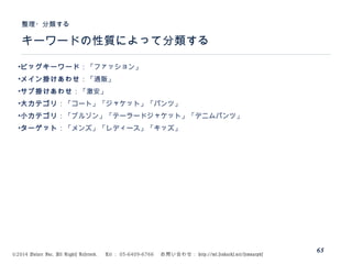 ©2014 Volare Inc. All Rights Reserved. 　 Tel ： 03-6409-6766 　お問い合わせ： http://ml.seohacks.net/semnarpdf
キーワードの性質によって分類する
整理・分類する
65
•ビッグキーワード：「ファッション」
•メイン掛けあわせ：「通販」
•サブ掛けあわせ：「激安」
•大カテゴリ：「コート」「ジャケット」「パンツ」
•小カテゴリ：「ブルゾン」「テーラードジャケット」「デニムパンツ」
•ターゲット：「メンズ」「レディース」「キッズ」
 