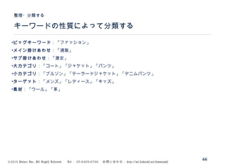 ©2014 Volare Inc. All Rights Reserved. 　 Tel ： 03-6409-6766 　お問い合わせ： http://ml.seohacks.net/semnarpdf
キーワードの性質によって分類する
整理・分類する
66
•ビッグキーワード：「ファッション」
•メイン掛けあわせ：「通販」
•サブ掛けあわせ：「激安」
•大カテゴリ：「コート」「ジャケット」「パンツ」
•小カテゴリ：「ブルゾン」「テーラードジャケット」「デニムパンツ」
•ターゲット：「メンズ」「レディース」「キッズ」
•素材：「ウール」「革」
 