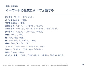 ©2014 Volare Inc. All Rights Reserved. 　 Tel ： 03-6409-6766 　お問い合わせ： http://ml.seohacks.net/semnarpdf
キーワードの性質によって分類する
整理・分類する
73
•ビッグキーワード：「ファッション」
•メイン掛けあわせ：「通販」
•サブ掛けあわせ：「激安」
•大カテゴリ：「コート」「ジャケット」「パンツ」
•小カテゴリ：「ブルゾン」「テーラードジャケット」「デニムパンツ」
•ターゲット：「メンズ」「レディース」「キッズ」
•素材：「ウール」「革」
•色：「赤」「黒」「茶色」
•柄：「チェック」「ストライプ」「無地」
•季節：「春」「夏」「秋」「冬」
•ブランド：「バーバリー」「ユナイテッドアローズ」
•シーン：「ビジネス」「カジュアル」「パーティ」
•流行：「 2015 」「新作」
•ハウツー / 知識：「コーデ」「リボン 付け方」「裾 直し」「ネクタイ 結び方」
 