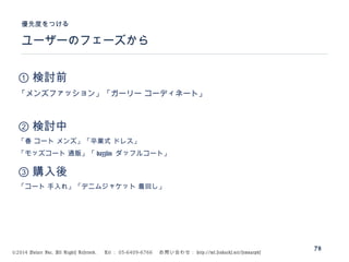 ©2014 Volare Inc. All Rights Reserved. 　 Tel ： 03-6409-6766 　お問い合わせ： http://ml.seohacks.net/semnarpdf
ユーザーのフェーズから
優先度をつける
78
① 検討前
「メンズファッション」「ガーリー コーディネート」
② 検討中
「春 コート メンズ」「卒業式 ドレス」
「モッズコート 通販」「 dazzlin ダッフルコート」
③ 購入後
「コート 手入れ」「デニムジャケット 着回し」
 